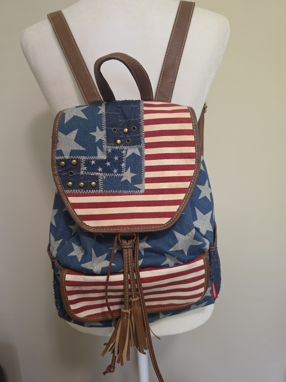 Vintage Unionbay Americana Flag Canvas Backpack Mini Rucksack Tassel Stars